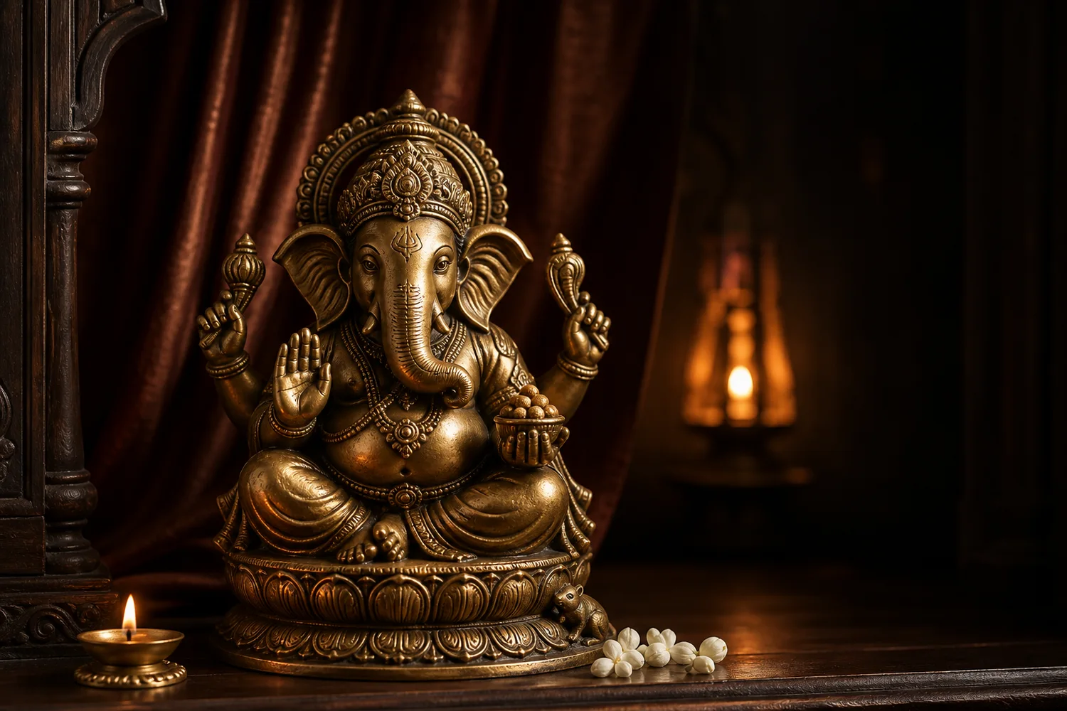 Antique brass Ganesha in a warm festive setting