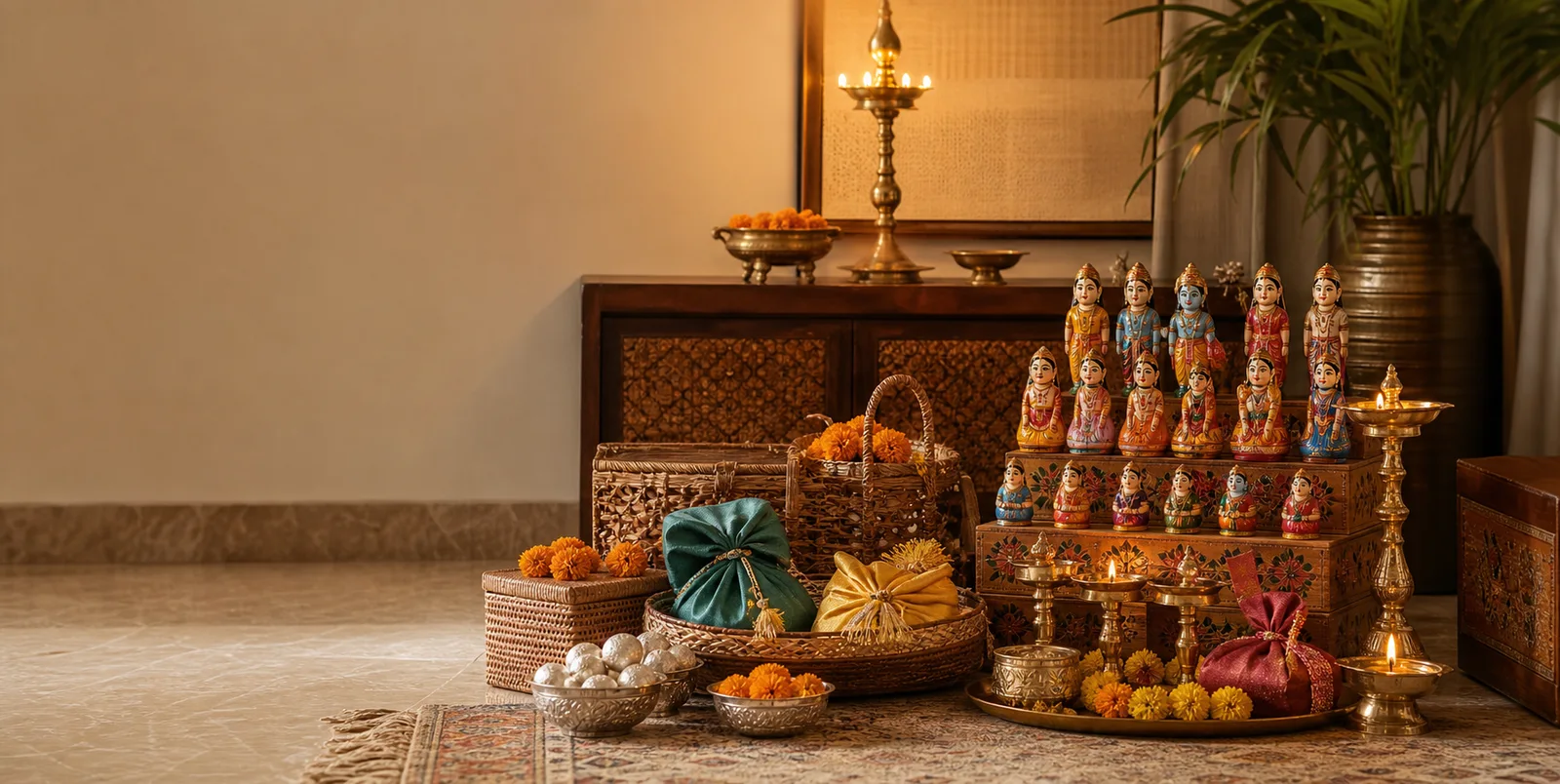 A festive display of Golu dolls, brass diyas and gift hampers