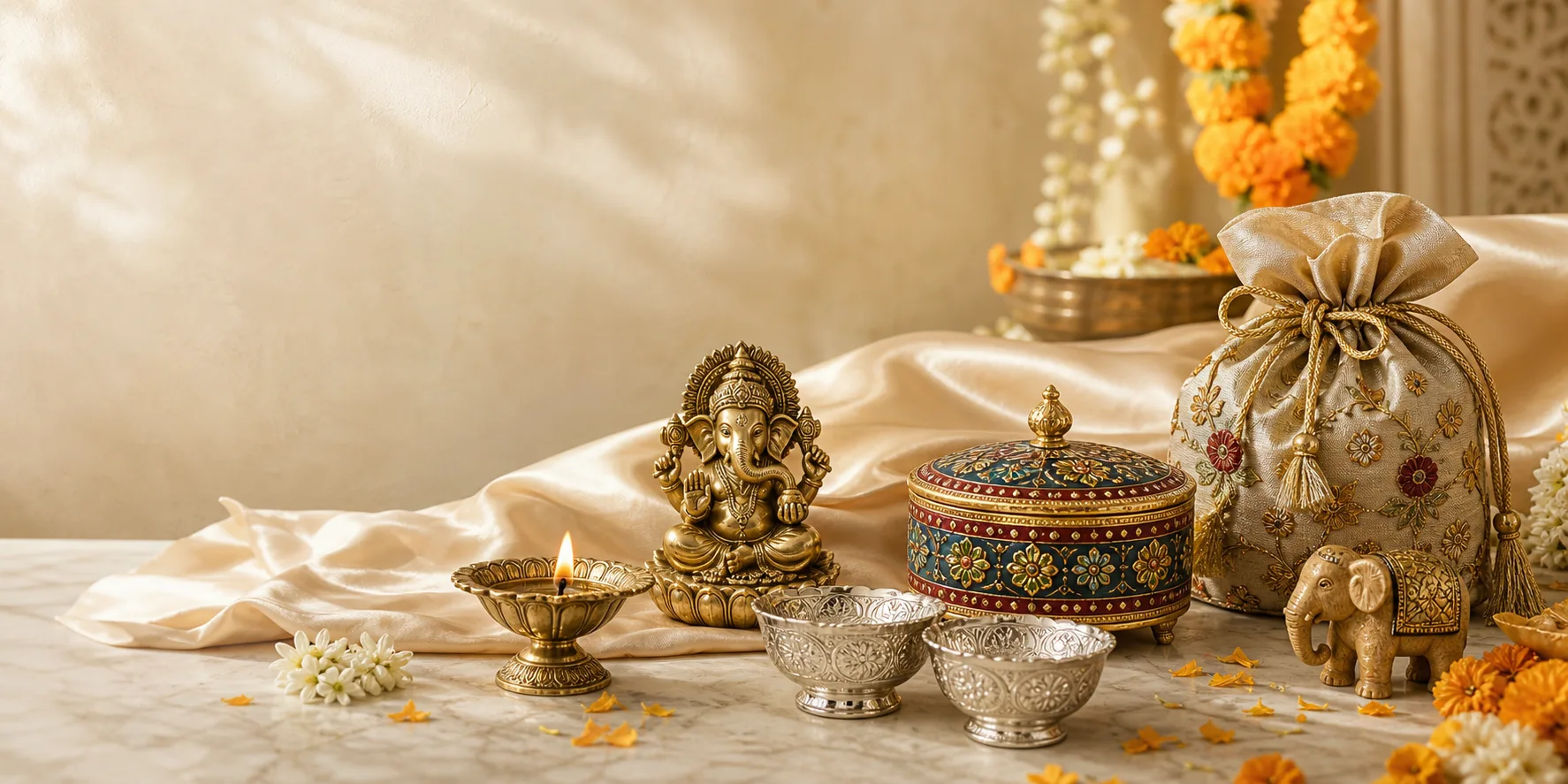 A curated arrangement of traditional Indian return gifts