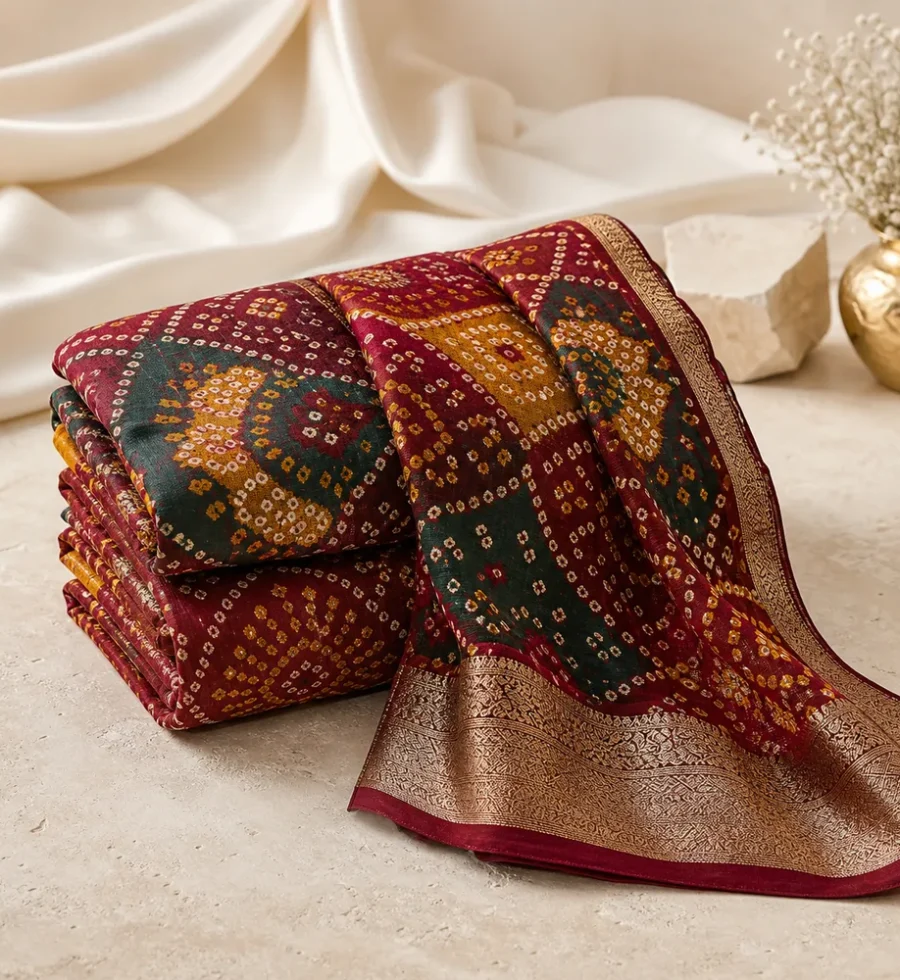 Wine Bandhani Gajji Silk Dupatta