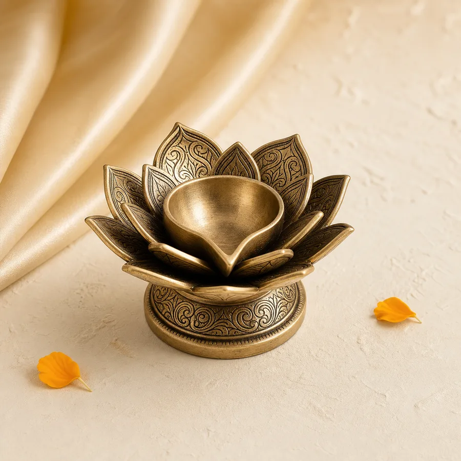 Antique lotus brass diya