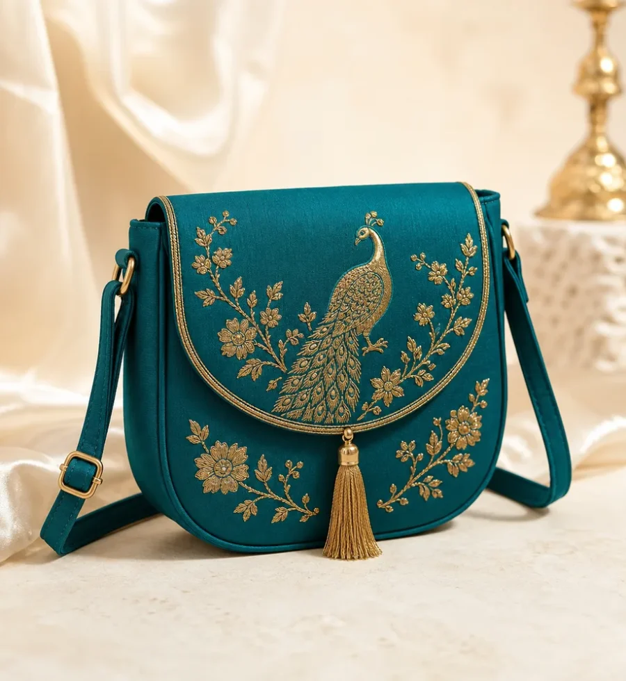 Peacock Teal Embroidered Sling Bag